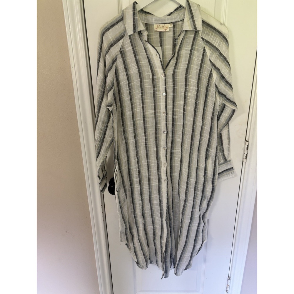 NWT Paper Lace Cotton Striped Shirt Dress M Lagenlook Boho Long Button Down